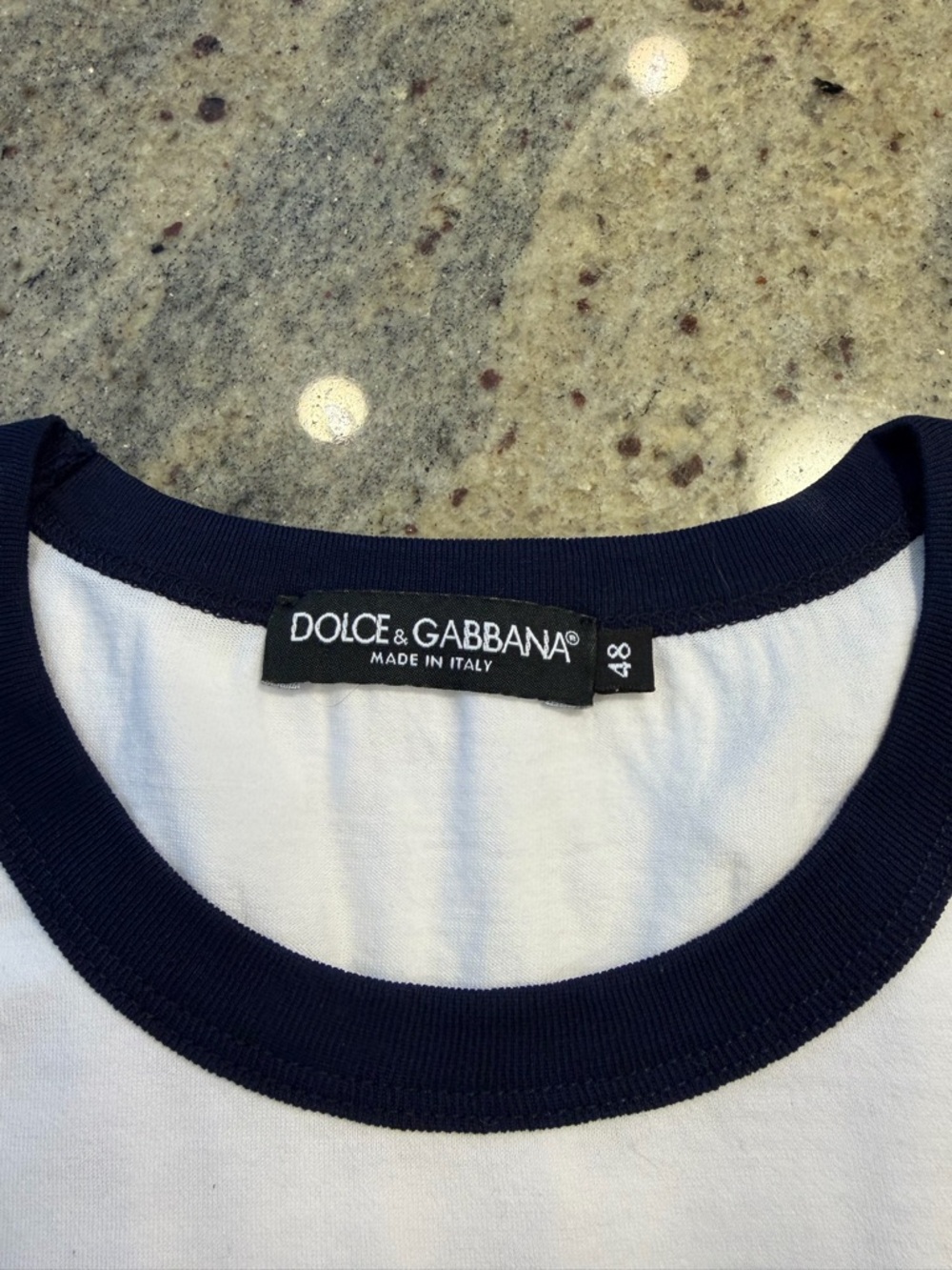 Dolce & Gabbana White Tee with Navy Trim and Logo - Picture 2 of 3